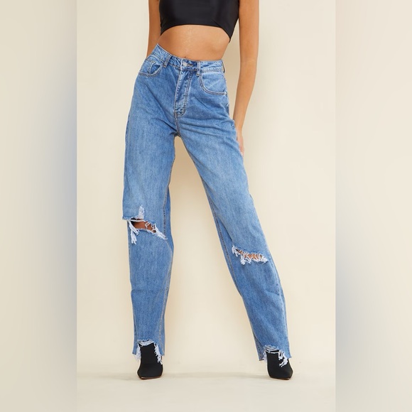 PRETTYLITTLETHING Tall Light Blue Wash Extreme Ripped Hem Boyfriend Denim Jeans - Picture 1 of 9